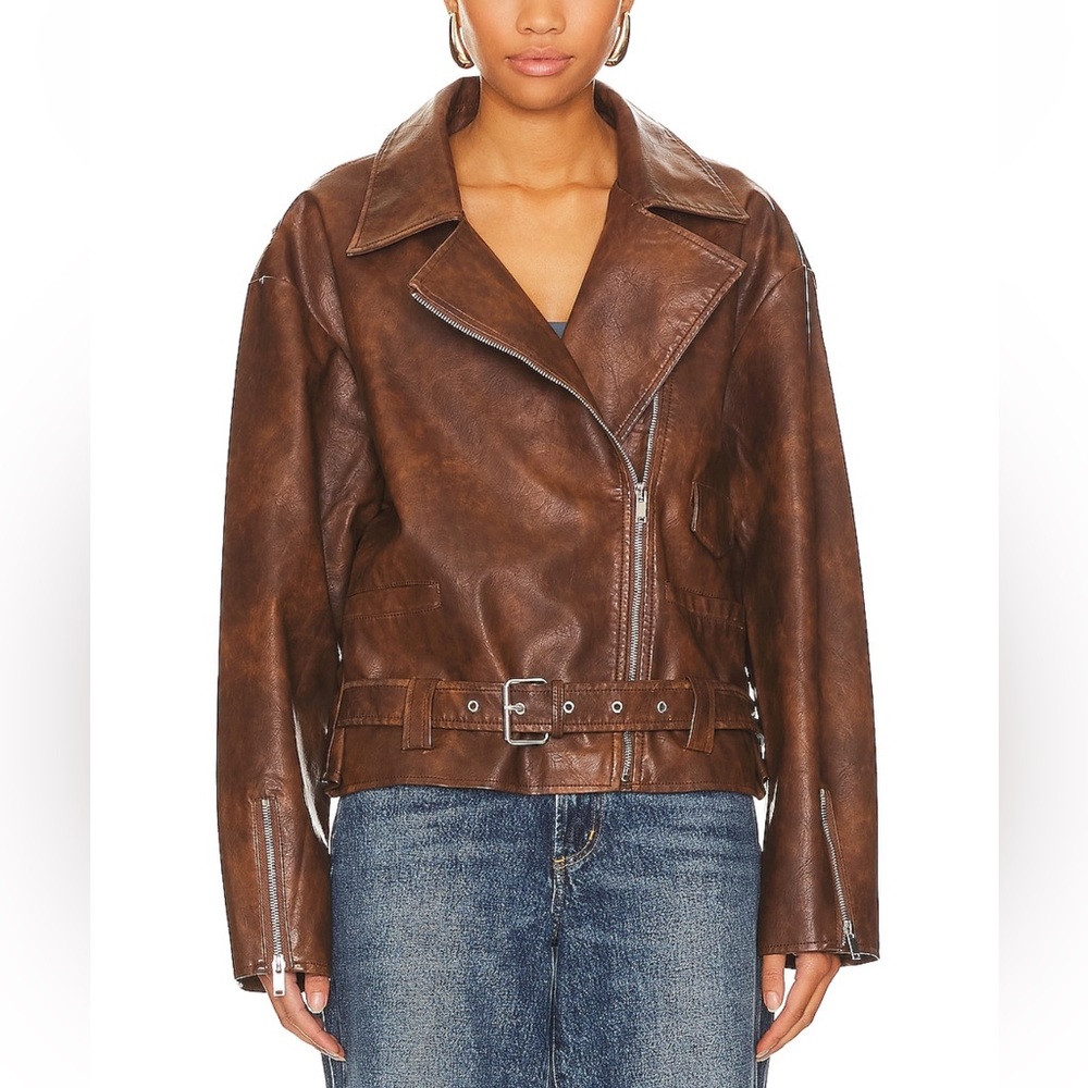 Superdown LANA FAUX LEATHER JACKET Dark Brown Leather Jacket
